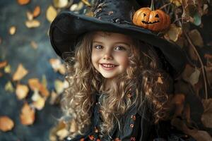 Smiling Little Girl in Witch Costume with Pumpkin for Halloween photo