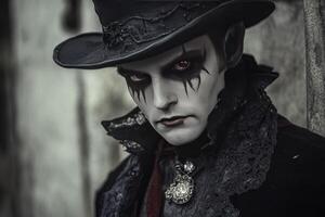 Man in Dark Vampire Costume and Makeup with Red Eyes photo