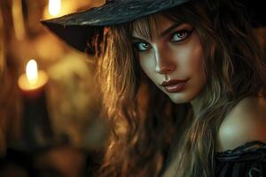 Portrait of a Witch with Candles and Golden Light in Dark Setting photo