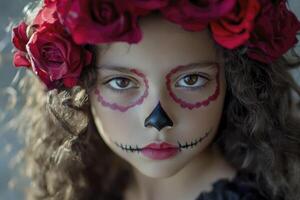 Girl with Sugar Skull Face Paint and Rose Wreath for Halloween photo