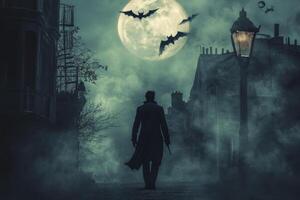 Man Walking on Foggy Street at Night with Bats and Moon photo