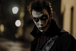 hombre con mal payaso maquillaje miradas intensamente a noche en oscuro ajuste foto