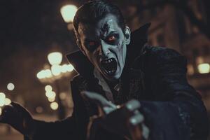 Vampire Menacing with Red Eyes and Fangs in Dark Urban Setting photo