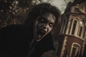 Creepy Vampire Growling with Glowing Eyes and Sharp Fangs Outdoor photo