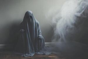 Spooky Ghost Shrouded in a Sheet with Mist for Halloween Scene photo