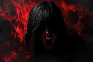 Terrifying Ghost Screaming with Red Flame Background Creating a Horror Scene photo