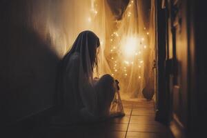 Seated Child Covered in Sheet with String Lights for Halloween photo