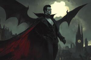Vampire with Wings Standing in Dark Cityscape with Red Eyes photo