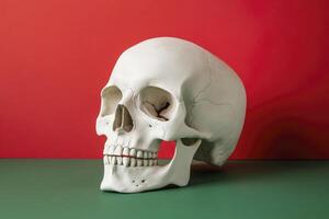 White Skull on Green Surface with Red Backdrop Studio Shot photo