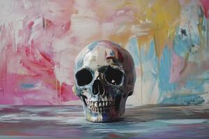 Painted Human Skull Artwork in Studio with Colorful Abstract Background photo