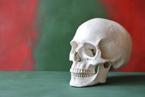 Human Skull Head Bone Study in Studio with Red Green Background photo