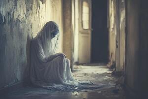 Ghost Sitting Against Wall in Decaying Corridor Creating Spooky Atmosphere photo