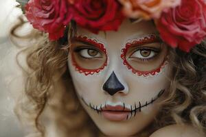 Woman with Sugar Skull Makeup and Roses for Day of the Dead photo