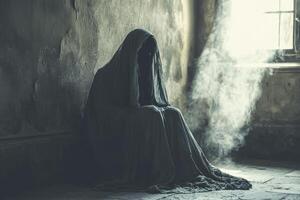 Sitting Ghost in Draped Cloth Beside Window with Smoky Atmosphere Indoors photo