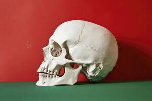 Skull Still Life on Green Surface with Red Background photo
