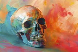 Human Skull Still Life with Colorful Abstract Background for Art Projects photo