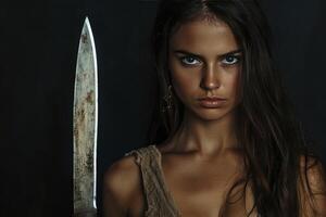 Determined Woman Holding Sharp Knife in Dark Setting Looking Intensely photo