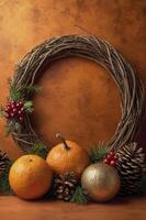 Festive Autumn Still Life with Wreath, Oranges and Pine Cones photo