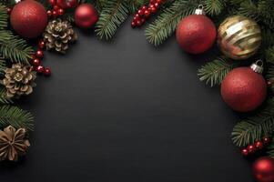 Christmas Decorations on Black Background with Copy Space for Text photo