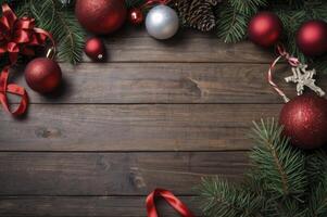 Christmas Ornaments and Pine Branches on Wooden Tabletop Background photo