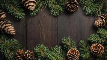 Christmas Fir Branches with Pine Cones on Dark Wood Background photo