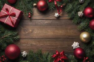 Christmas Decoration on Wooden Background with Gift and Red Ornaments photo