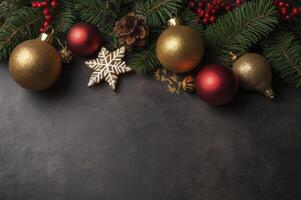 Festive Christmas Decoration with Ornament and Evergreen Sprigs on Dark Background photo