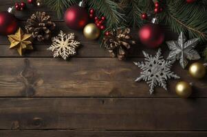 Christmas Decoration Still Life on Wood Background with Ornaments and Pine photo