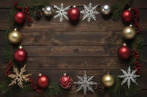 Christmas Ornament and Snowflake Frame on Wood for Holiday Background photo