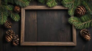 Wooden Frame Surrounded by Pine Branches and Cones on Dark Wood photo