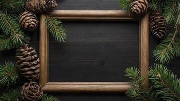 Wooden Frame with Pine Cones and Fir Branches on Dark Background photo