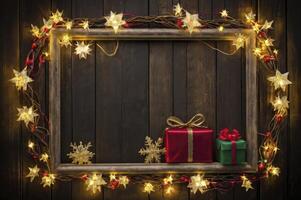 Holiday Frame with Festive Lights and Gifts Against Wood Backdrop photo