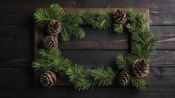 Wooden Frame Decorated with Evergreen Branches and Pine Cones on Dark Wood photo