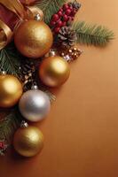 Festive Christmas Ornament Arrangement with Pine Sprigs and Golden Ribbon photo