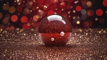 Red Glittering Sphere with Bokeh Background Perfect for Holiday Celebrations photo