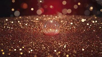 Crystal Ball on Glittery Surface with Blurred Lights Holiday Background photo