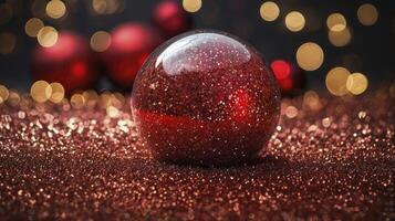 Festive Red Christmas Ornament with Glitter on Sparkling Background photo