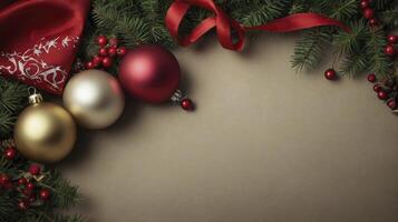 Festive Christmas Ornaments and Evergreen Branches Background with Decorative Ribbon photo