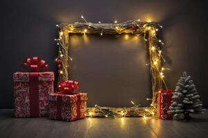 Christmas Gift Boxes with Twig Frame and Lights Holiday Background photo