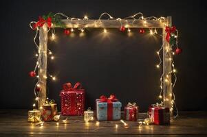 Christmas Presents and Rustic Frame with String Lights on Wooden Surface photo