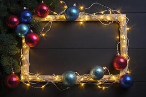 Arranging Christmas Ornaments with Garland Around Wooden Frame on Dark Surface photo