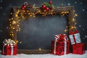Festive Christmas Gifts and Garland Frame on Soft White Blanket photo