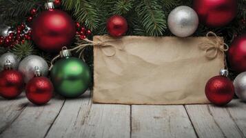 Christmas Ornaments with Paper and Greenery for Holiday Message photo