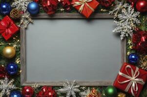Christmas Holiday Ornaments and Gift Boxes Frame on Evergreen Background photo