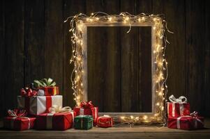 Christmas Gifts and Frame Decorated with Lights on Wood Background photo