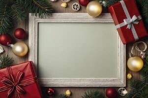Christmas Photo Frame with Gifts and Ornaments on Wooden Background