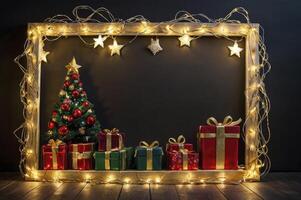 Christmas Tree and Gifts Inside Glowing Frame Festive Holiday Decoration photo