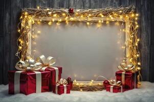 Christmas Gifts Frame with String Lights and Red Presents Decoration photo
