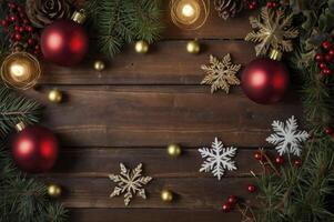 Christmas Ornaments and Decorations on Dark Wood for Festive Background photo
