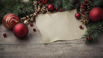 Christmas Ornament Decoration with Pine Cones and Paper on Wood Surface photo
